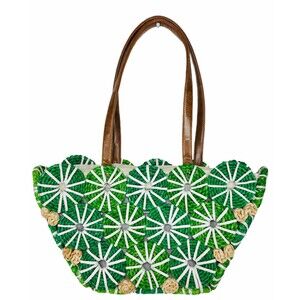 Vintage 70s Woven Rattan Wicker Starburst Straw Purse Tote Summer Beach Bag